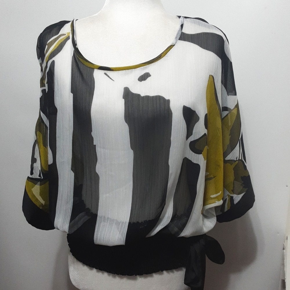 Frank Lyman Splash of Color‎ Semi Sheer Smocked Waist Top/ Blouse
